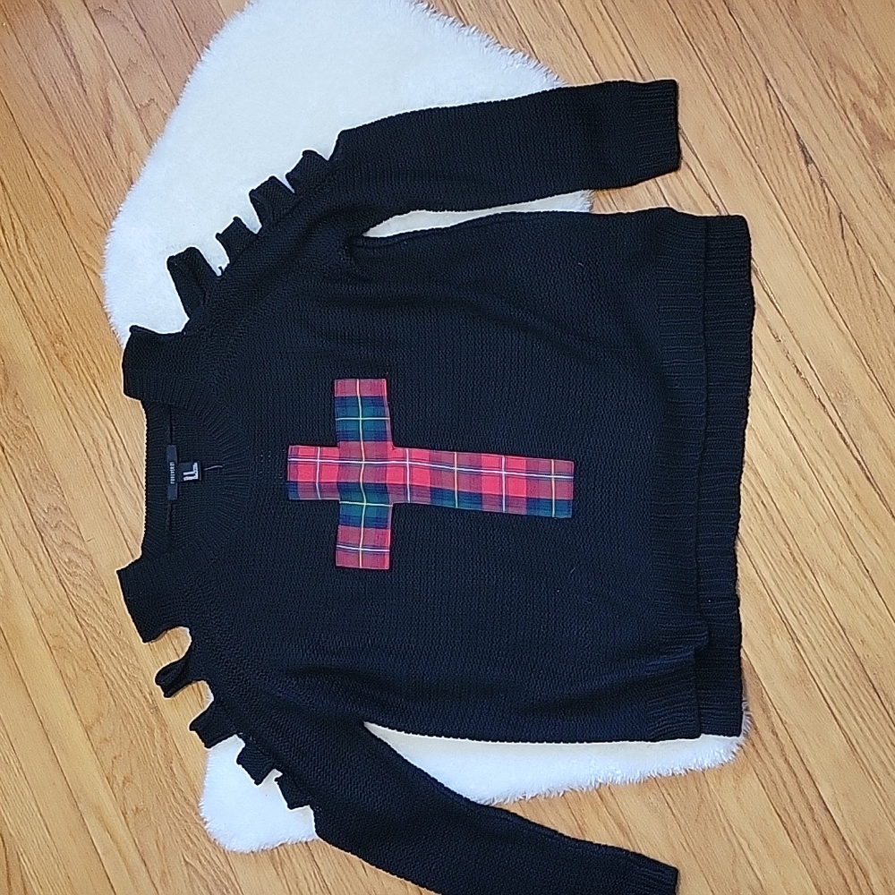 NWT Forever 21 Black Sweater with plaid cross